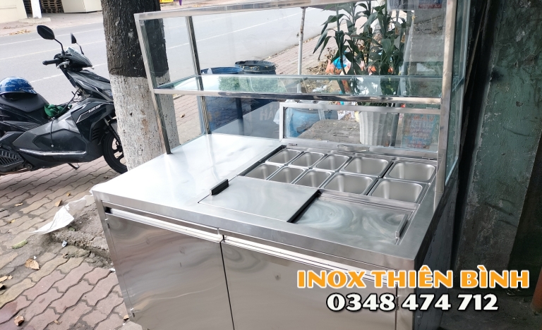 XE BÁN HÀNG INOX 1M2 CÓ THÙNG ĐÁ – 12 KHAY TOPPING, KÍNH 2 TẦNG TIỆN LỢI