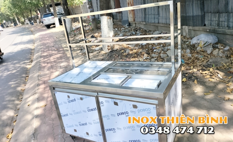XE BÁN HÀNG INOX 1M2 CÓ THÙNG ĐÁ – 12 KHAY TOPPING, KÍNH 2 TẦNG TIỆN LỢI