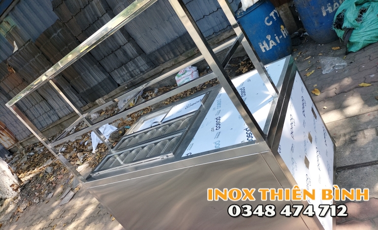 XE BÁN HÀNG INOX 1M2 CÓ THÙNG ĐÁ – 12 KHAY TOPPING, KÍNH 2 TẦNG TIỆN LỢI