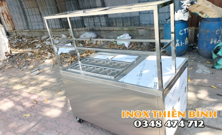 XE BÁN HÀNG INOX 1M2 CÓ THÙNG ĐÁ – 12 KHAY TOPPING, KÍNH 2 TẦNG TIỆN LỢI